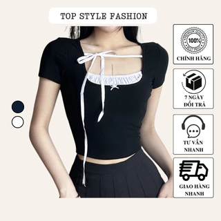 Áo croptop ngắn tay cổ vuông nhún bèo kèm thắt nơ dễ thương, áo kiểu nữ ôm body phối màu phong cách tiểu thư-A184