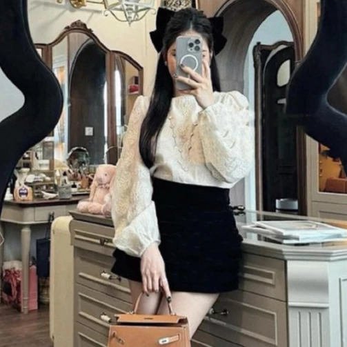 Áo Nữ Thô Ren Tay Bồng 2 Lớp Thêu Hoa Hồng Kiểu Dáng Tiểu Thư V505