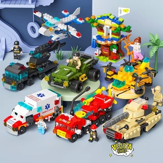 Mô hình Đồ chơi Lego 6 in 1 lắp ghép xe cảnh sát cứu hỏa xe tăng máy bay cứu thương quân đội Police lắp ráp xếp hình