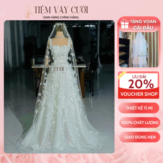 Váy Cưới Cô Dâu 💖Tặng Voan Cài Đầu💖 Đầm Cưới Đi Bàn, Full Hoa 3D, Cúp Ngực, TVC291