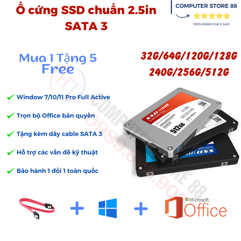 Ổ cứng SSD 120Gb 256Gb 512Gb cũ sức khoẻ tốt + tặng kèm miễn phí Cable SATA 3