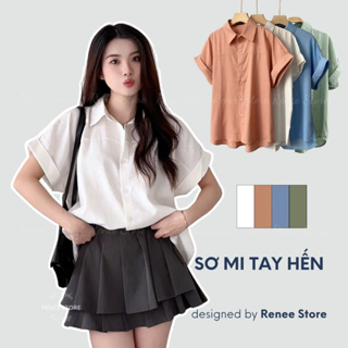 [Ảnh thật] Áo sơ mi nữ đũi lụa tay hến gấp gấu can viền ngang Renee Store - AS2166