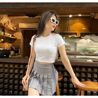 Áo thun croptop có tay cotton co giãn 4 chiều dáng basic đơn giản