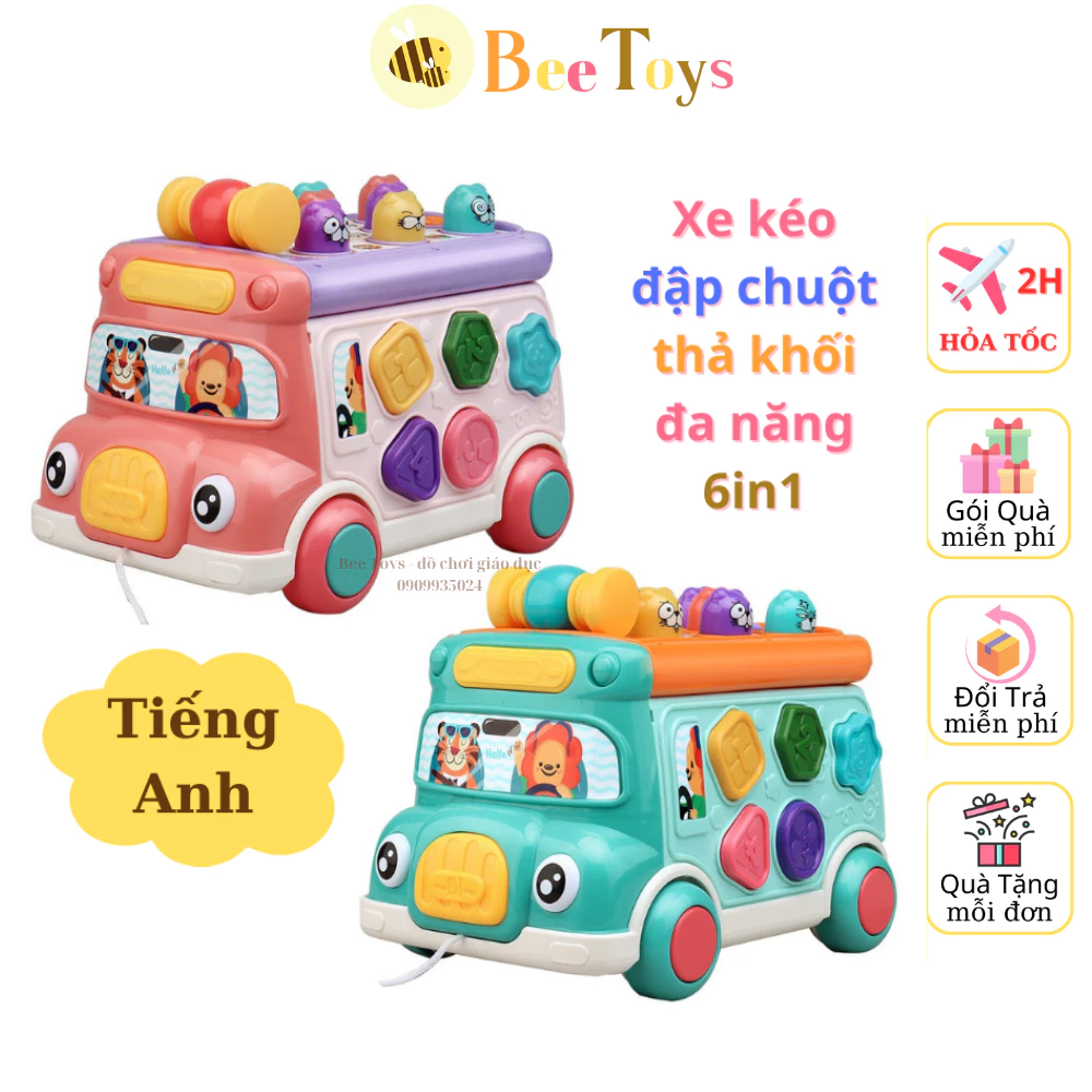 Xe đập chuột, thả khối, đồ chơi bánh răng chuyển động, kết hợp xe chạy đà có dây kéo kèm âm thanh và nhạc vui tai cho bé