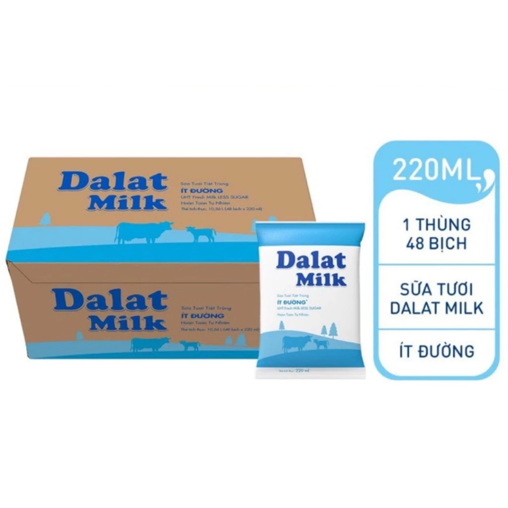 (Date tháng 11/2024)Thùng 48 Bịch Sữa Tươi Tiệt Trùng Ít Đường Dalat Milk 220ml.