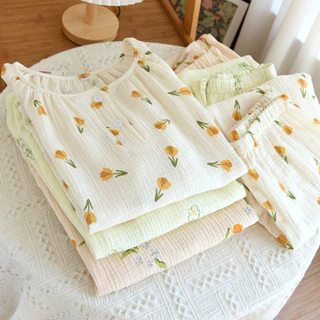 [New Order] Bộ ngủ dài tay vải Xô Muslin nhẹ thoáng, thấm mồ hôi tốt cổ tròn dễ thương (Ảnh thật 5,6)