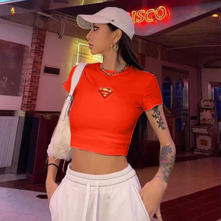 Áo croptop tay ngắn in hình logo chữ S siêu nhân nhỏ trước ngực xinh xinh , kiểu dáng croptop