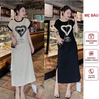 ĐẦM VÁY BẦU THỜI TRANG NỮ DÁNG SUÔNG DÀI MIX TIM GÀI NƠ ĐIỆU ĐÀ CHẤT THUN TỔ ONG MỀM MÁT V810 - VÁY CỘC TAY MÙA HÈ