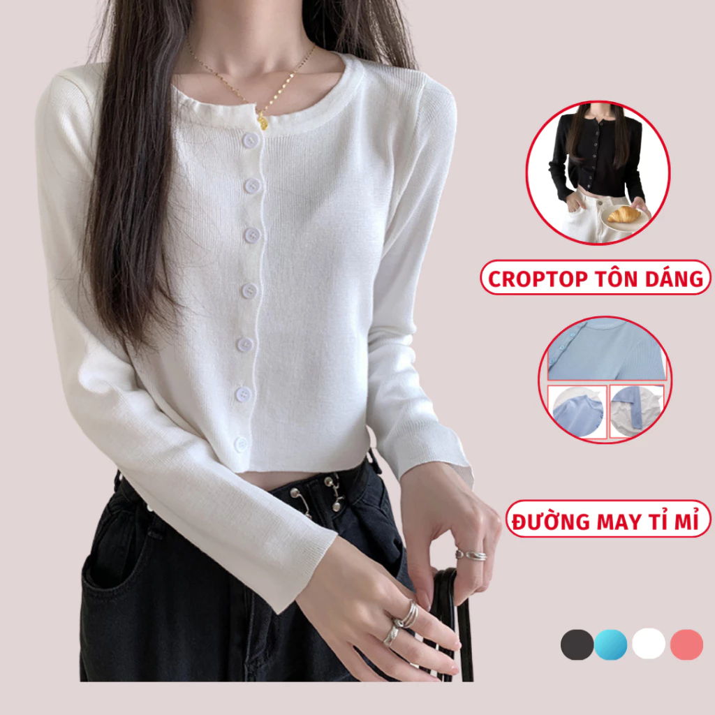 Áo Thun Croptop Nữ Dài Tay Khuy Cúc Madela Vải Mềm Co Giãn, Áo Croptop Cardigan Nữ Tay Dài Ôm Body Khoác Ngoài