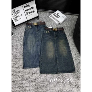 Chân váy jeans dài thêu chữ m kèm đai hàng QCL1