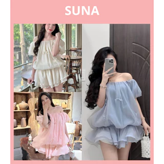 Áo Babydoll Trễ Vai Bo Eo Dáng Xoè Tay Bồng Chất Voan Tơ 2 Lớp Hồng Canh Be, váy Chipu Xoè Hở Vai đi Chơi đi Biển SUNA