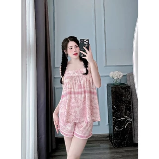 Bộ đồ ngủ Pijama Lụa Luxury mềm mại áo hai dây quần đùi hoạ tiết cây rừng siêu xinh Isis Luxury