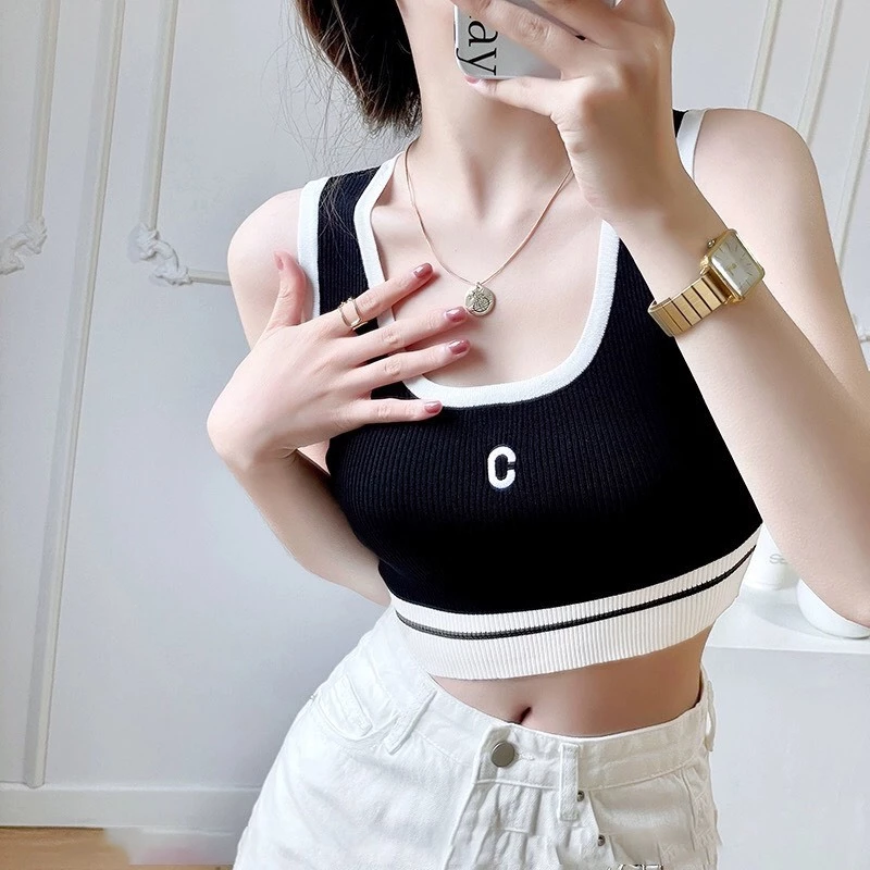 Áo Croptop 2 dây bản to thêu chữ C🍀FREESHIP🍀 Áo ba lỗ nữ chất thun gân cao cấp thời trang nữ (SX4M)