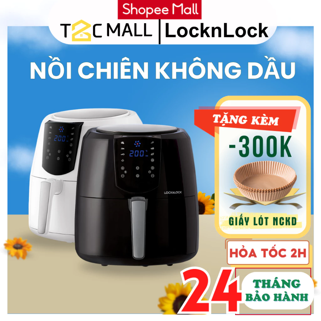 Nồi Chiên Không Dầu 5.2L LocknLock tặng kèm giấy lót nồi chiên không dầu Jumbo Plus Air Fryer EJF357 - T2Cmall