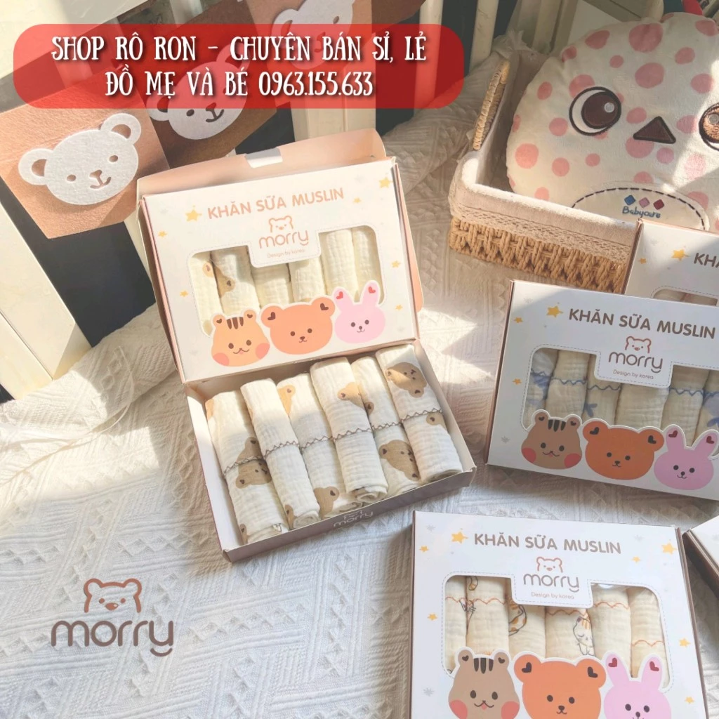 Set khăn sữa Muslin cao cấp MORRY - Khăn xô sữa Organic 2 lớp siêu mềm cho bé sơ sinh - Shop Rô Ron