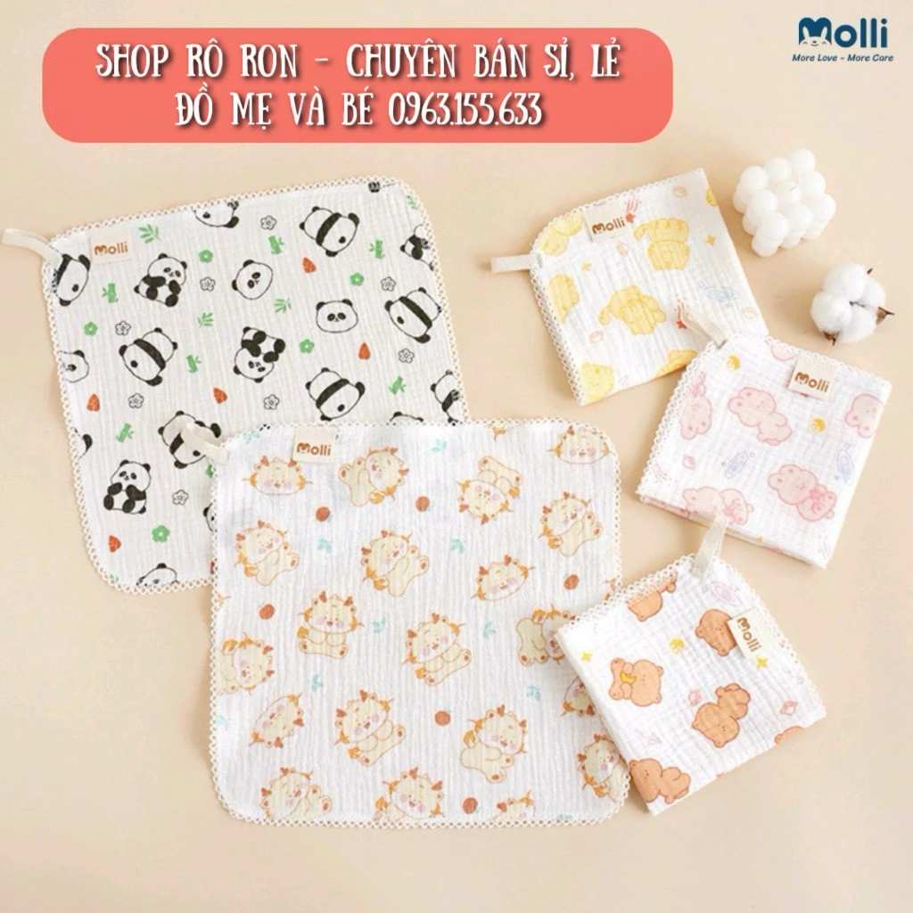 Set khăn sữa Muslin cao cấp MOLLI - Khăn xô sữa Organic 2 lớp siêu mềm cho bé sơ sinh - Shop Rô Ron