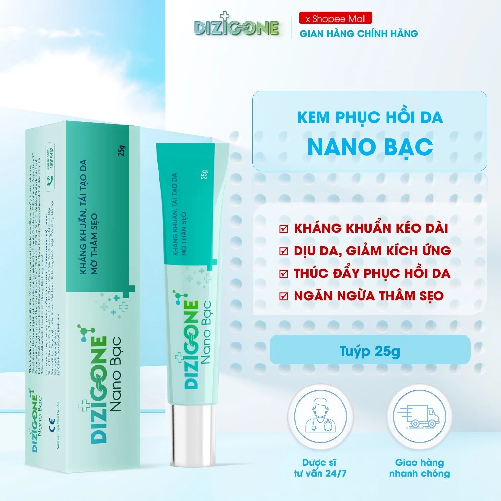 Kem DIZIGONE Nano Bạc kháng khuẩn, lành thương, tái tạo da, ngăn ngừa sẹo 25g