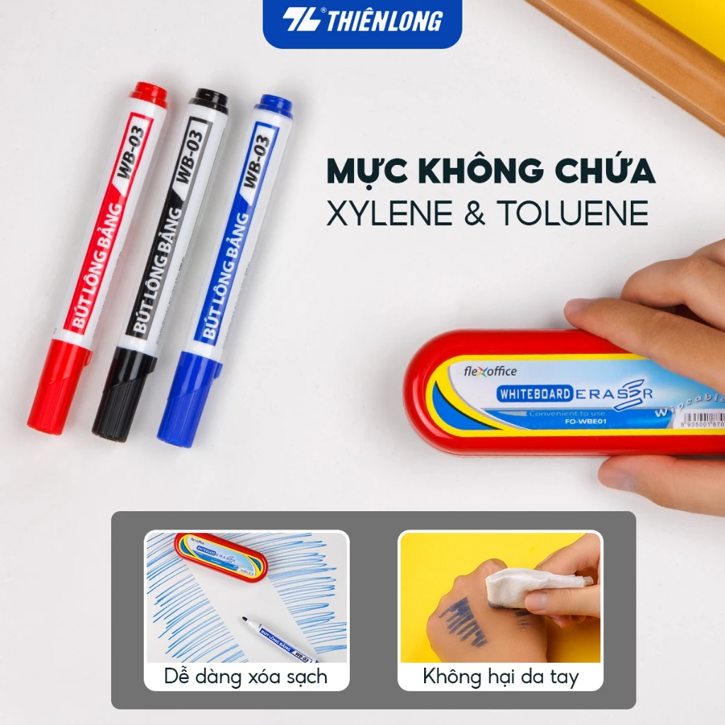 Combo Bút lông bảng Thiên Long WB-03 mực mới, an toàn, dễ dàng xoá sạch