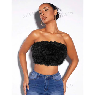 ( ORDER SHEIN ) Áo croptop lông tua rua không dây tiểu thư - MAY TOP