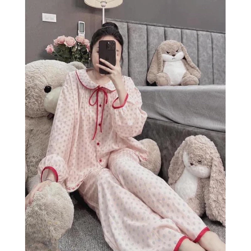 Bộ Pijama hồng chấm bi đỏ cổ nơ đỏ cao cấp - L021 cotton lụa