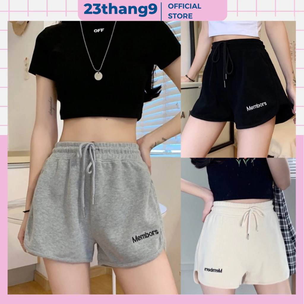 Quần short nữ , quần đùi nữ mặc nhà màu đen màu xám cạp chun vải da cá thêu chữ phong cách hàn quốc A21