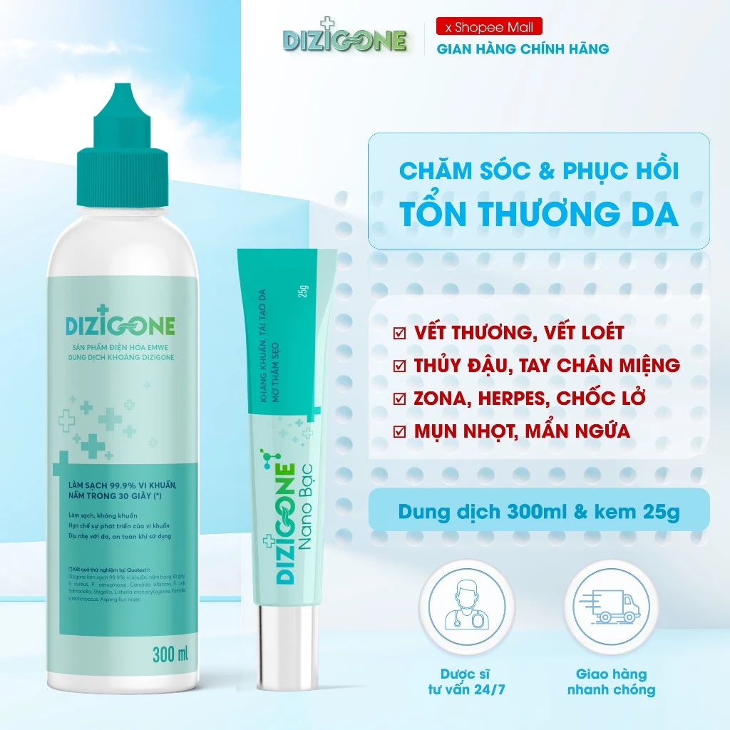 [COMBO] Dung dịch kháng khuẩn DIZIGONE 300ml & Kem DIZIGONE Nano Bạc 25g: Kháng khuẩn, tái tạo da, ngăn ngừa thâm sẹo