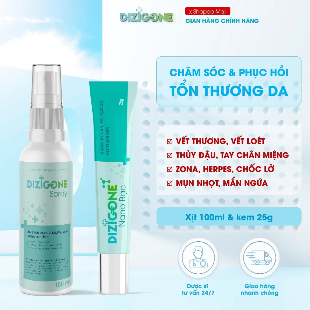 [COMBO] Xịt kháng khuẩn DIZIGONE Spray 100ml & Kem DIZIGONE Nano Bạc 25g - Kháng khuẩn, tái tạo da, ngăn ngừa thâm sẹo