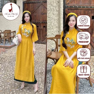 Áo dài cách tân nữ dáng suông màu vàng thiết kế cổ tàu tay lỡ họa tiết thêu xinh -Shop Áo Dài Như Ý - AD114