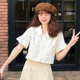 Áo Sơ Mi Croptop Nữ Tay Ngắn OLARI Phối Tay Bèo - OL470 - Alina Top