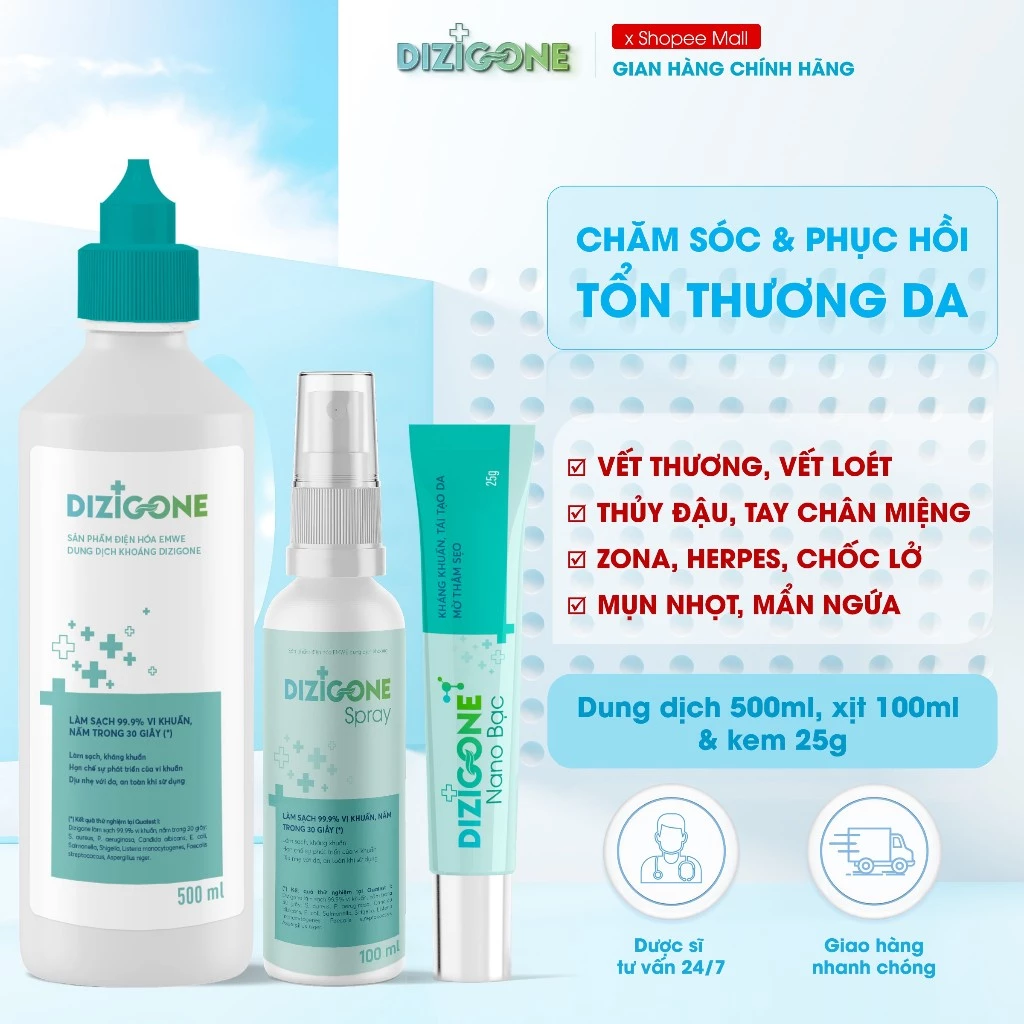 [COMBO] Dung dịch DIZIGONE 500ml & Xịt DIZIGONE 100ml & Kem DIZIGONE Nano Bạc 25g: Chăm sóc & phục hồi tổn thương da