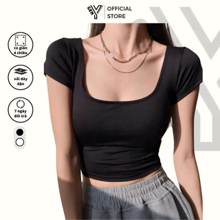 Áo croptop cổ vuông GenY ngắn tay ôm body tôn dáng thiết kế đơn giản trắng đen chất vải cotton C21