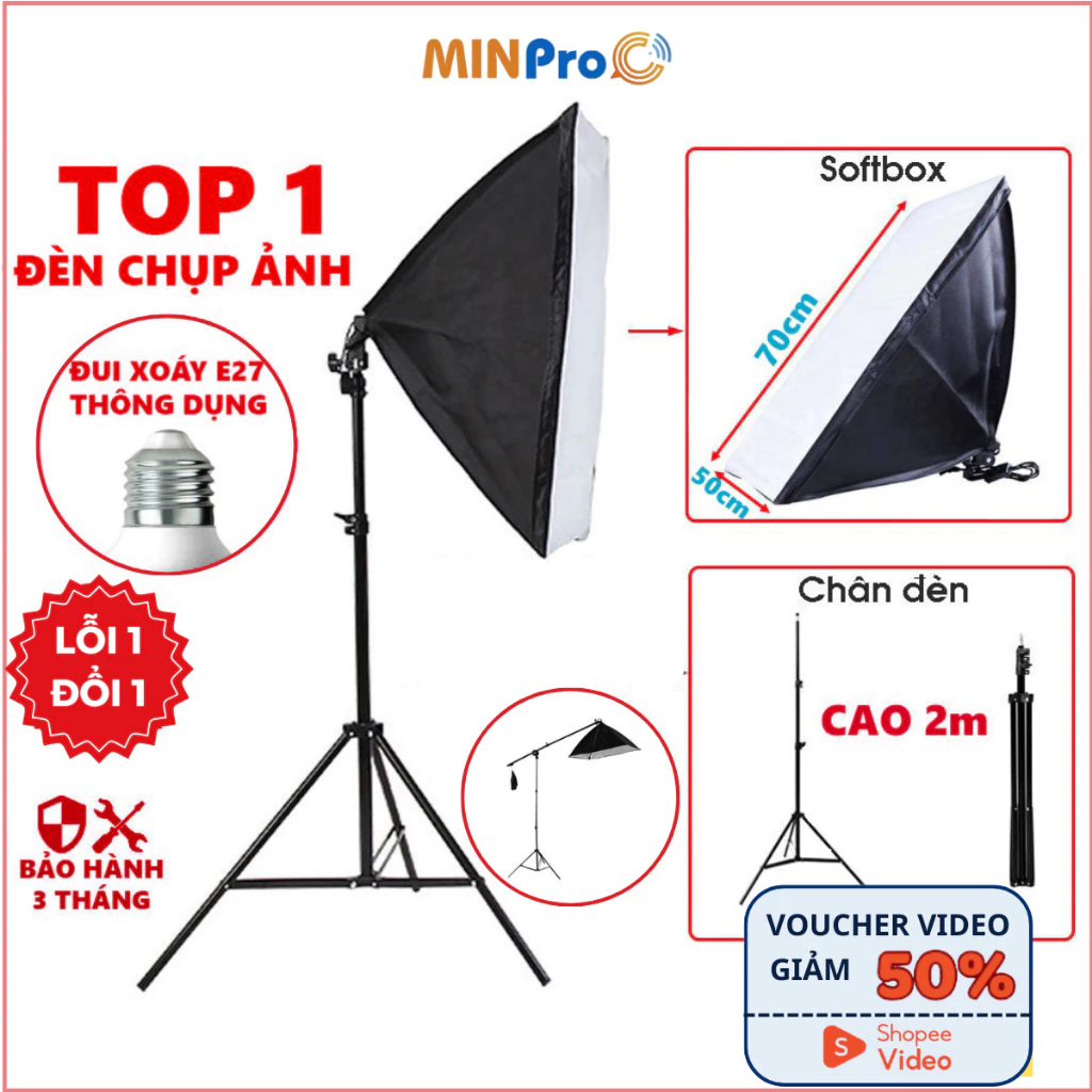 Bộ đèn studio chụp ảnh, đèn hắt sáng quay phim livestream, bóng đèn led siêu sáng chân cao 2m1 softbox 50x70cm - Minpro