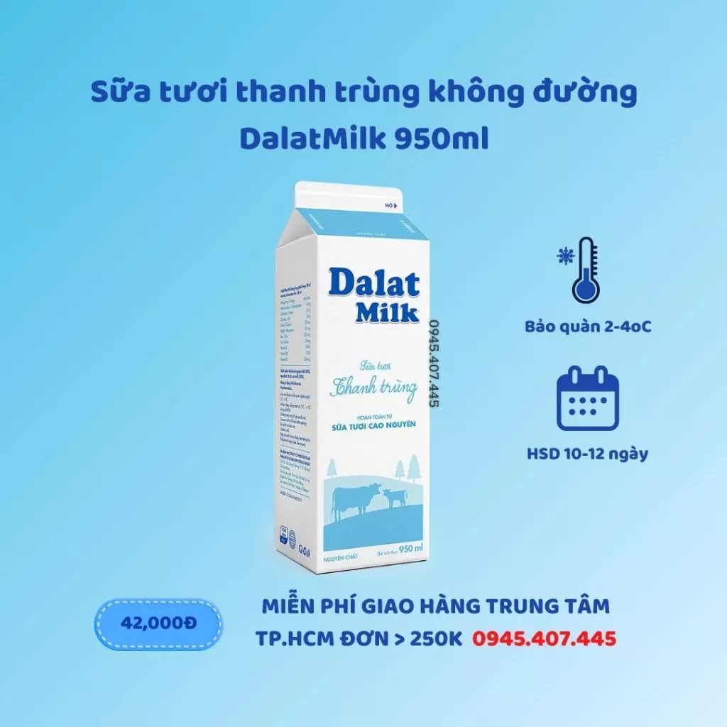 Sữa Tươi Thanh Trùng Dalatmilk Không đường 950ml