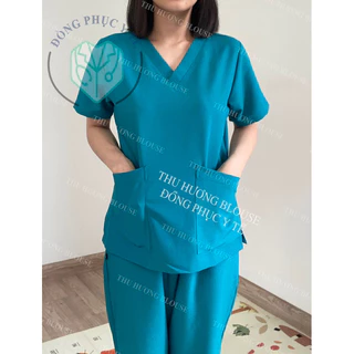 Bộ Scrubs bác sĩ NAM NỮ màu xanh cổ vịt cao cấp - Quần áo Blouse cổ tim cho bác sĩ phẫu thuật, kỹ thuật viên phòng mổ