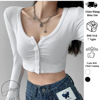 Áo Thun Croptop Có Cúc Dài Tay JUNE.SG Vải Thun gân  , Croptop Đen Trắng Dài Tay Phong Cách Hàn Quốc D078