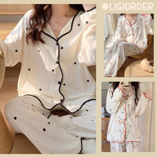 Bộ ngủ dài tay chấm bi nhẹ nhàng thu đông, pyjama hoa nhí mềm mại thanh lịch màu trắng