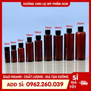 Chai Nhựa PET NÂU nắp BẬC ĐEN 20ML/30ML/50ML/100ML/250/300ML/500ML Lọ Chiết Gel, Đựng Dung Dịch Du Lịch