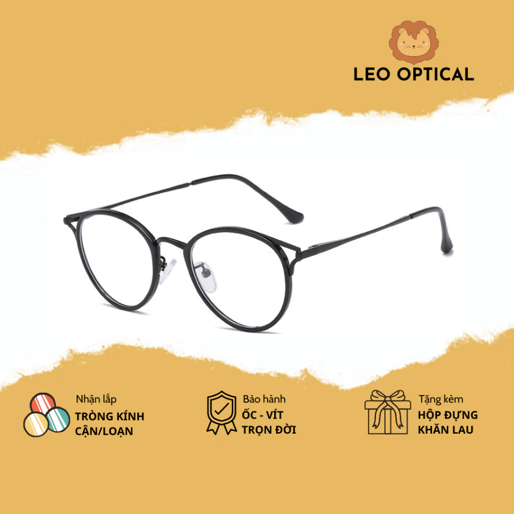 Kính tai mèo giả cận dáng tròn bầu chống ánh sáng xanh LEO OPTICAL 90029