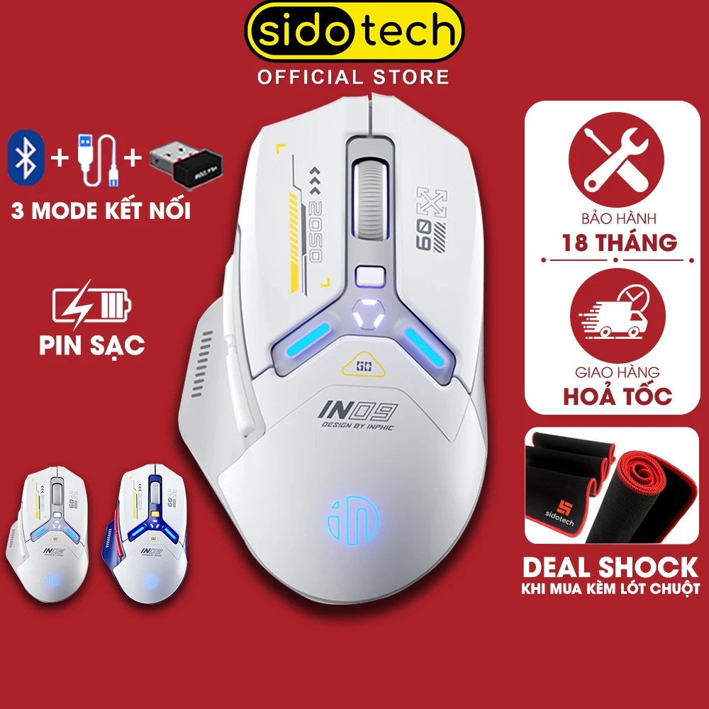 Chuột không dây gaming SIDOTECH INPHIC IN9 bluetooth 3 mode pin sạc có app 6 nút 1000hz máy tính led RGB hiển thị pin