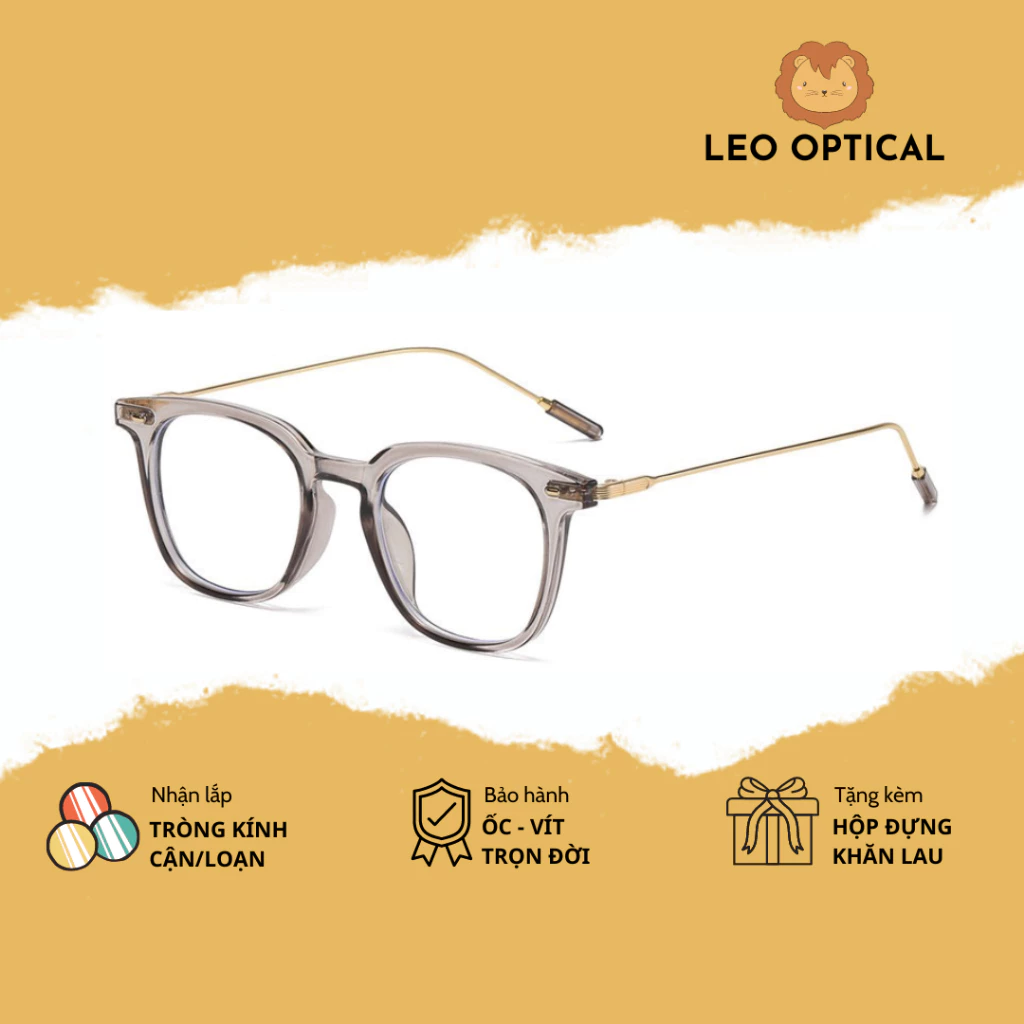 Kính mắt cận vuông nam nữ gọng nhựa phối càng kim loại chống bụi lọc ánh sáng xanh LEO OPTICAL 9322