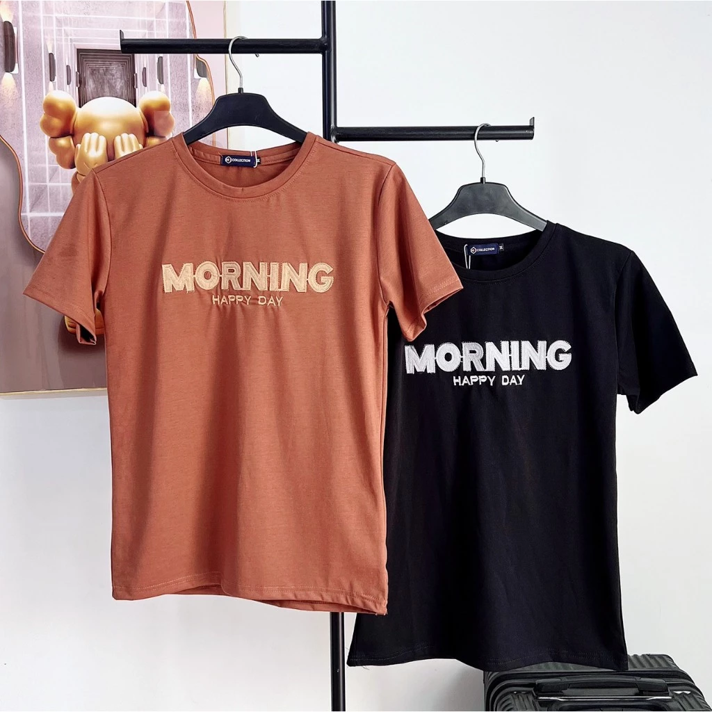 ÁO THUN CỔ TRÒN PHONG CÁCH BASIC CHỮ THÊU MORNING HAPPYDAY CÁ TÍNH NỔI BẬT