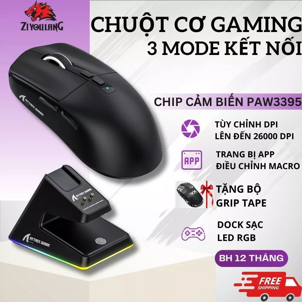Chuột Không Dây Attack Shark X6 - Chip Khủng PAW3395, Có App Chỉnh Macro Game, Kèm Dock Sạc LED RGB