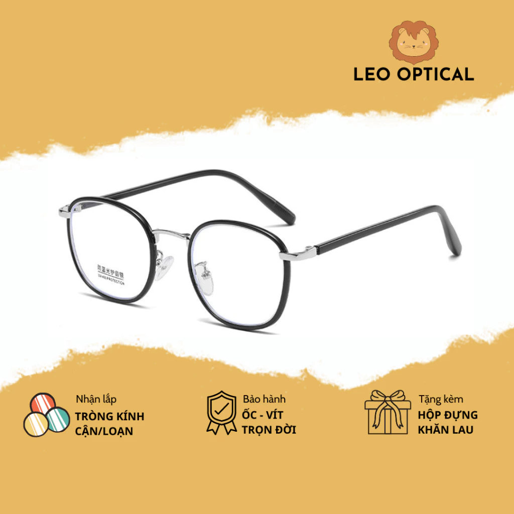 Kính mắt cận vuông bầu nhựa phối kim loại đeo 2 kiểu chống ánh sáng xanh LEO OPTICAL 21100