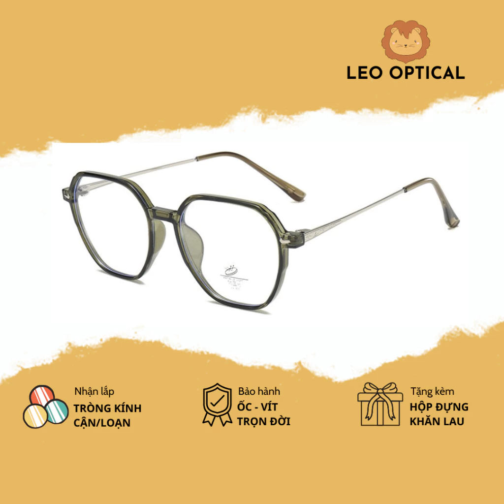 Kính mắt lục giác dáng to gọng cận cho nam nữ nhựa phối càng kim loại LEO OPTICAL 85066