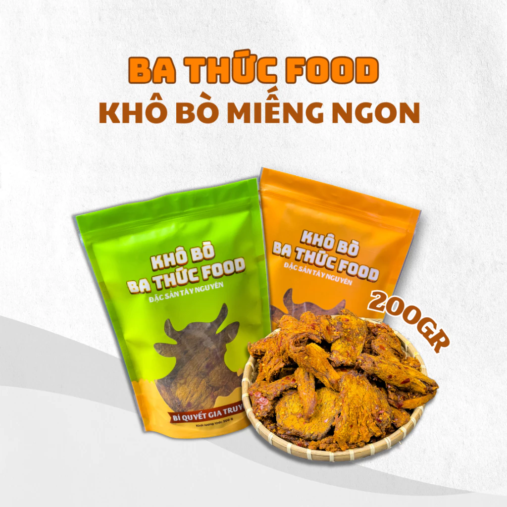 Bò khô miếng ngon thích hợp làm các món ăn ngon, chuẩn vị khô bò Tây Nguyên loại 200G | BA THỨC FOOD