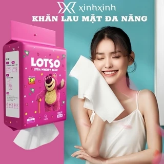 Khăn mặt dùng 1 lần, Khăn giấy đa năng LOTSO gấu dâu túi rút 200 tờ