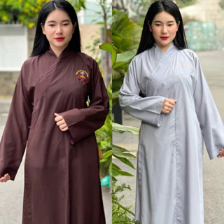 Áo tràng áo lam đi chùa cho Nữ thêu chữ vải silk kate- Pháp Phục đi chùa CBL