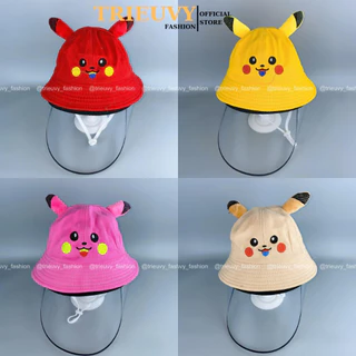 [4-8 tuổi 52-54cm] Nón bucket trẻ em Pikachu Kaki kèm kính may sẵn, mũ chống nắng, chống giọt bắn cho bé - TRIEUVY