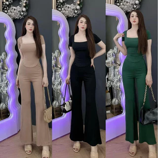 Đồ bộ nữ, set đồ bộ quần ống loe đai cao có túi và áo ôm ngắn tay vải thun cotton gân tăm lạnh, bộ đồ mặc ở nhà