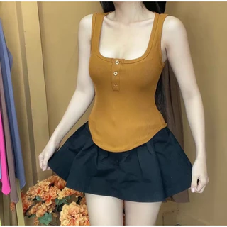 Áo Ba Lỗ Ôm Cổ Vuông Phối Nút Vạt Bầu Chất Gân Tăm ABI Nữ Thun Women Top